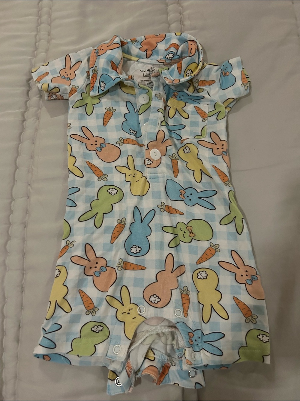 Caden Lane Pastel Bunny & Carrot Gingham Baby Romper